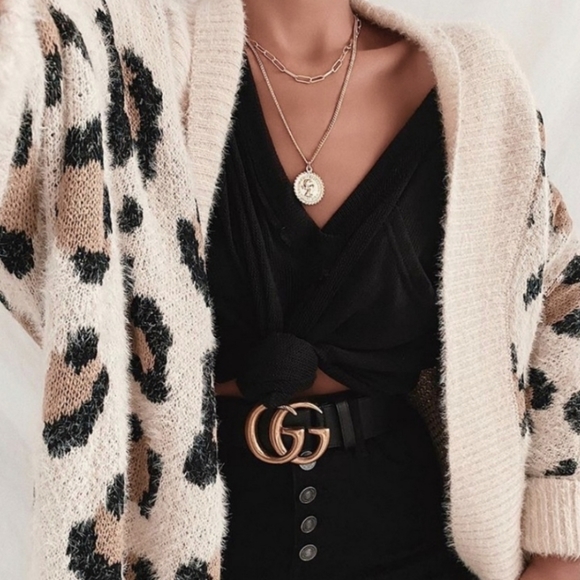 New Boho Chic Oversized Fuzzy Leopard Cardigan Sweater Ivory Tan Black - Picture 8 of 11